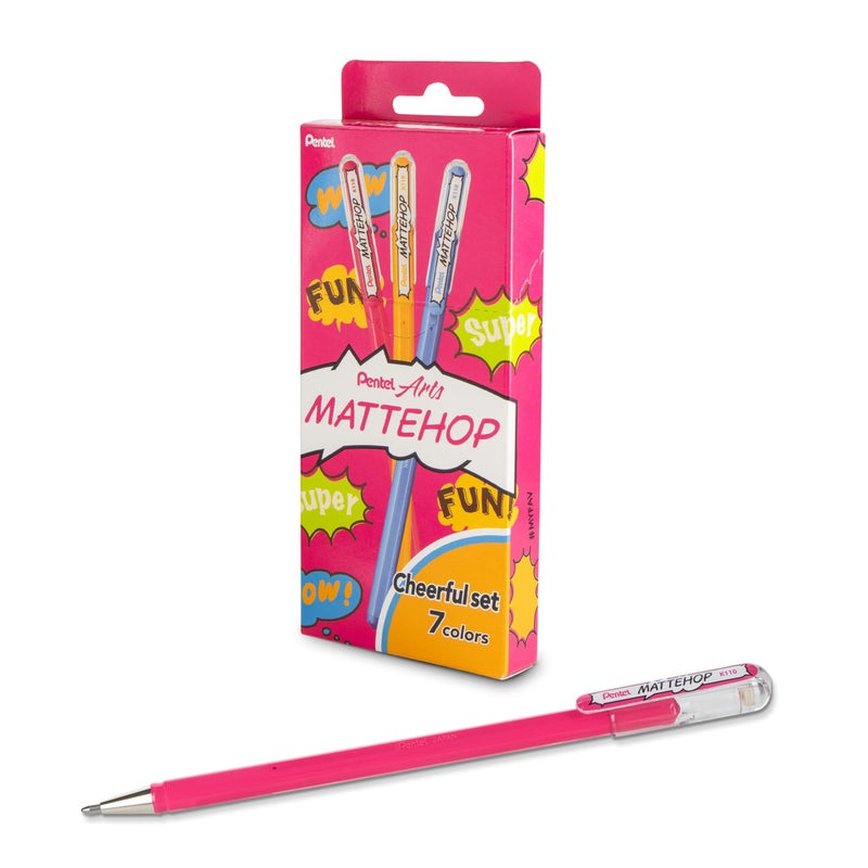 بنتل أقلام جل Pentel Mattehop، مجموعة صناديق ألوان مبهجة، (1.0 مم)، خط غامق، 7 ألوان متنوعة (K110-V7STB) - Image 1